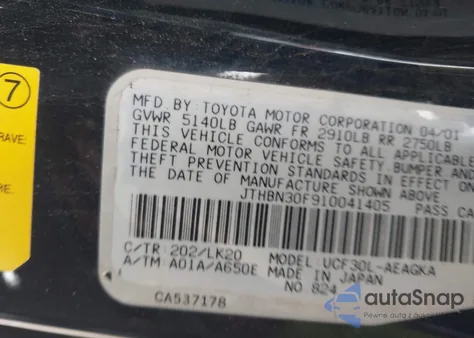 2001 Lexus Ls 430 из США, поврежденный, VIN JTHBN30F910041405